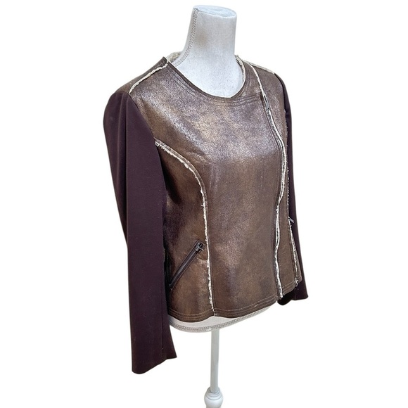 G by Giuliani metallic Brown Shearling zip up moto Jacket Ponte knit size large - Picture 6 of 13